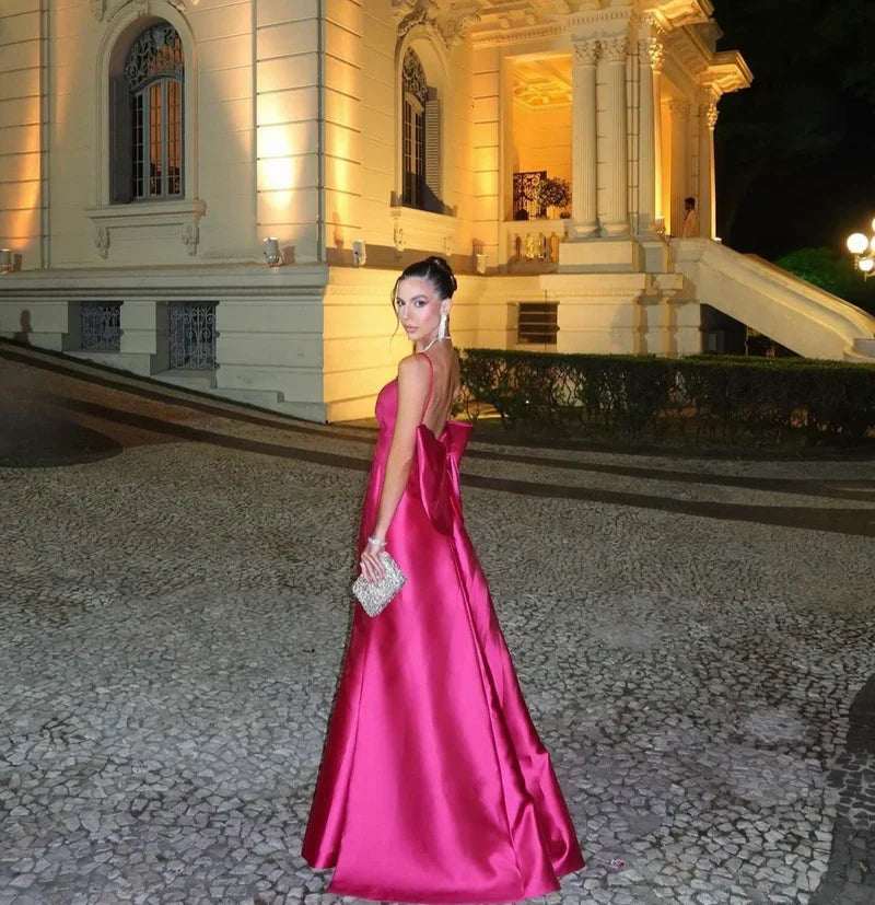 Hot Pink A-Line Satin Long Prom Dress Wedding Guest Dress With Bow
