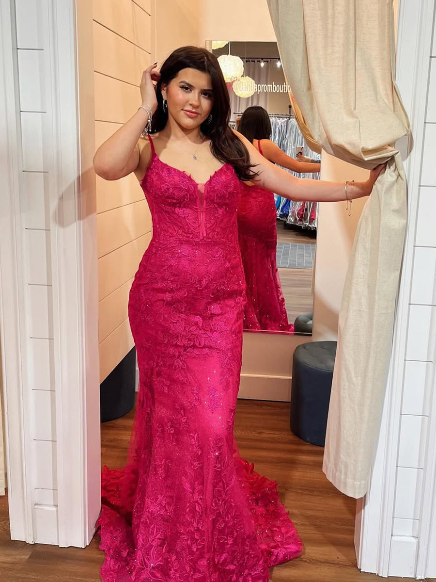 Hot Pink Floral Lace Appliqué Mermaid Long Prom Dress