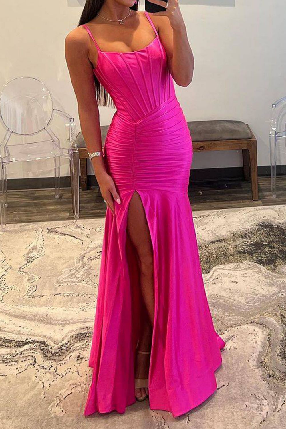 Hot Pink Mermaid Spaghetti Straps Long Satin Prom Dress With Split