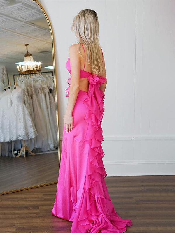 Hot Pink Mermaid Spaghetti Straps Waist Hollow Long Prom Dress with Slit