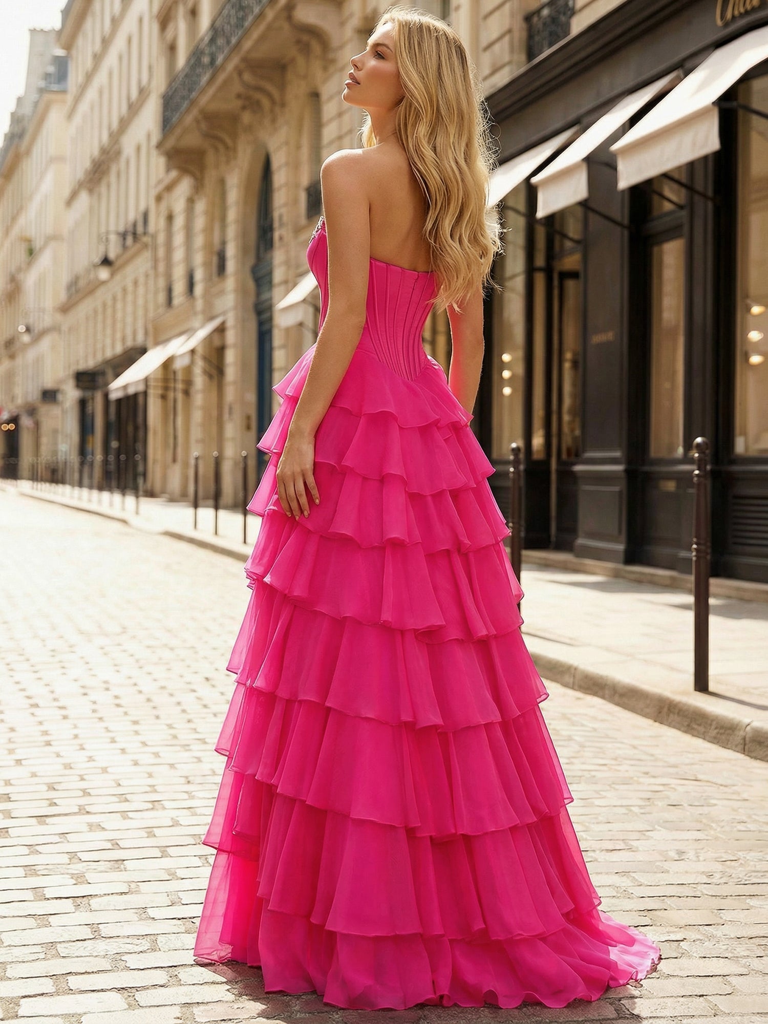 Hot Pink Strapless Crystal Trim Tiered Corset Prom Dress with Slit