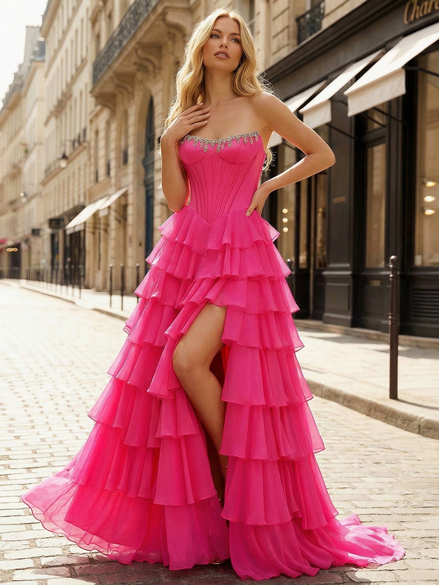 Hot Pink Strapless Crystal Trim Tiered Corset Prom Dress with Slit
