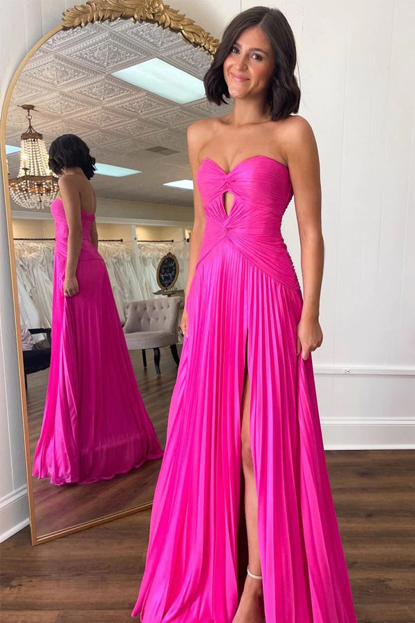 Hot Pink Strapless Keyhole Pleated A-Line Prom Formal Dress - VelvetHem