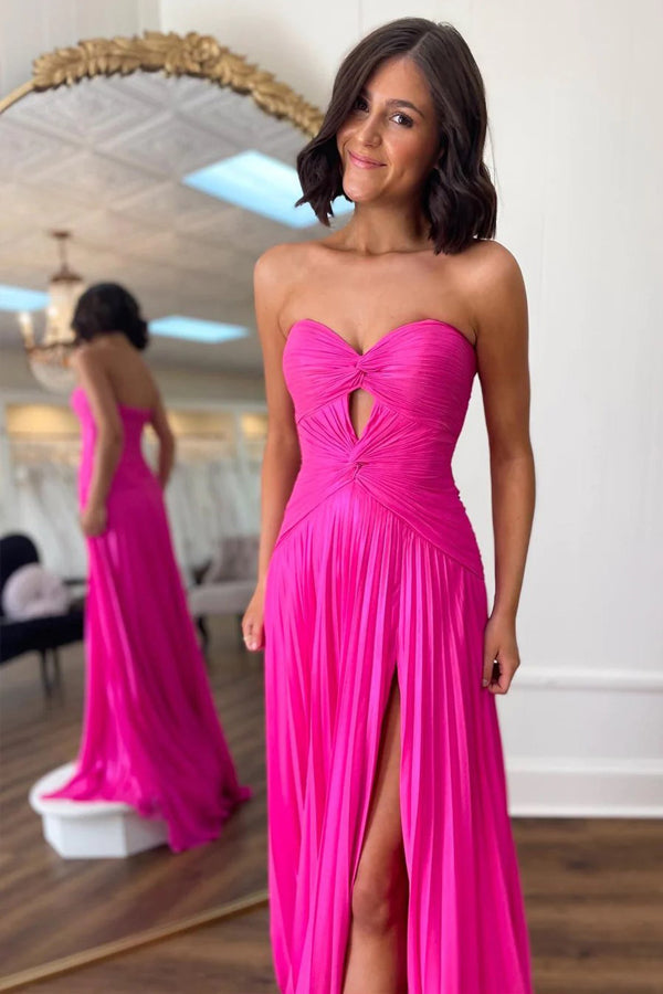 Hot Pink Strapless Keyhole Pleated A-Line Prom Formal Dress - View 2 | VelvetHem