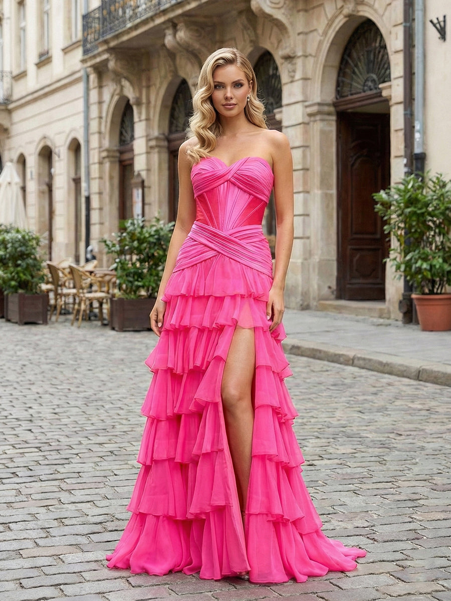 Hot Pink Strapless Ruffled Tiered Corset A-Line Prom Dress with Slit