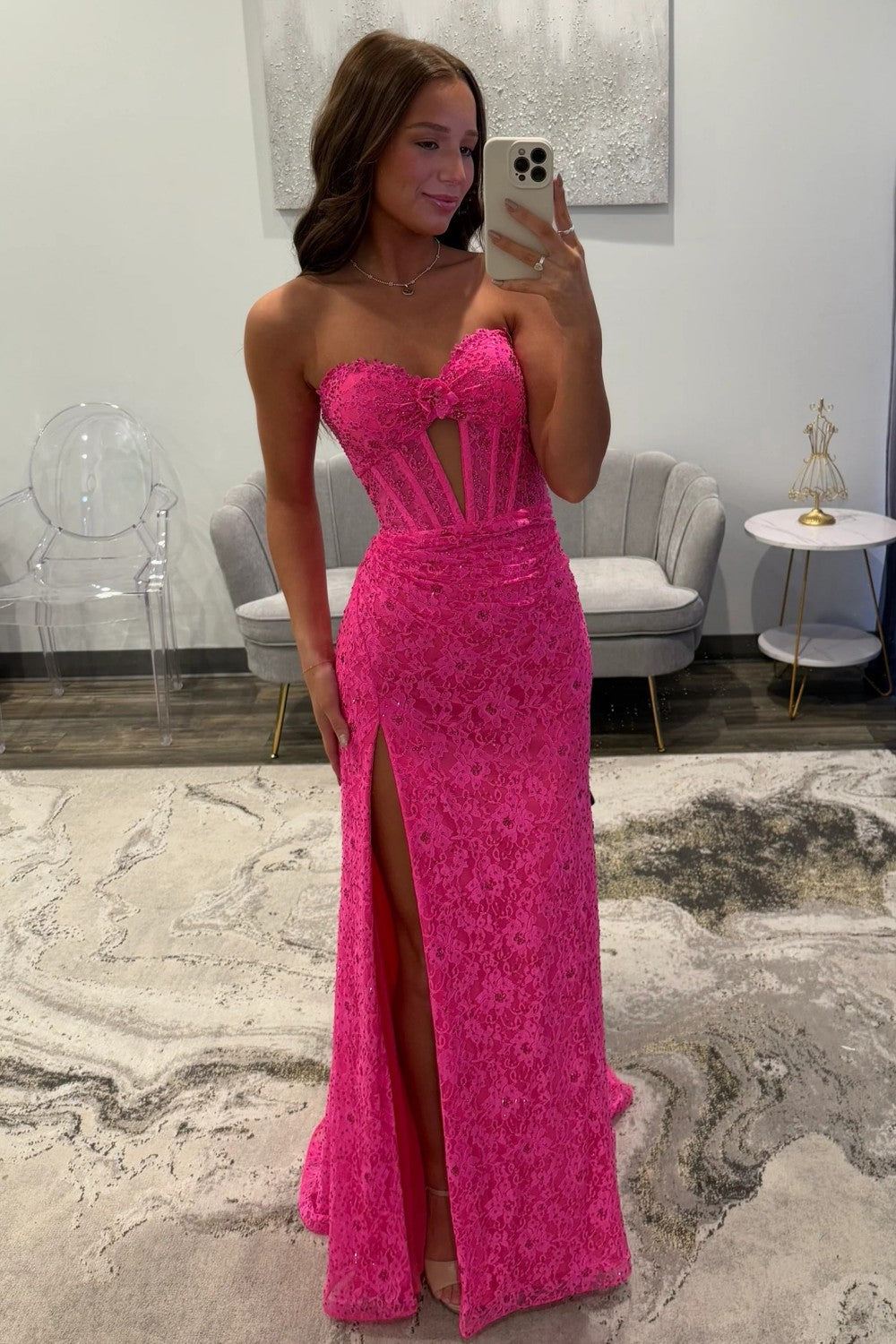 Charming Mermaid Sweetheart Hot Pink Lace Long Prom Dress with Split Front - FashionDia