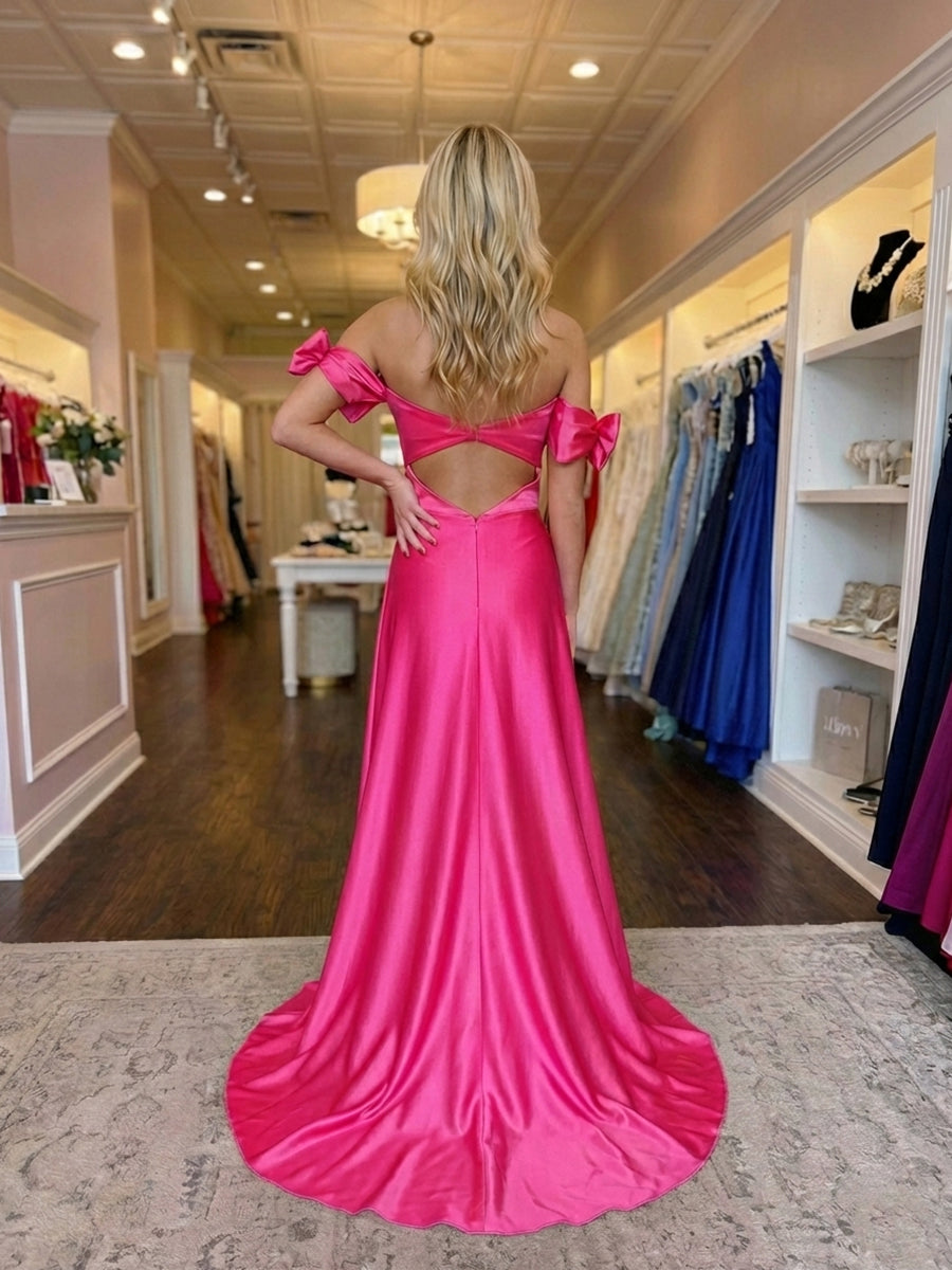 Hot Pink Sweetheart Neckline Satin Prom Dress with Statement Bow Sleeves - View 2 | FashionDia