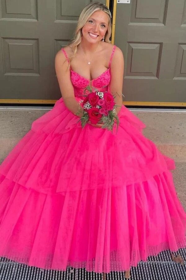 Tulle Layered Spaghetti Straps Long Prom Dresses, Evening Dress - View 2 | VelvetHem