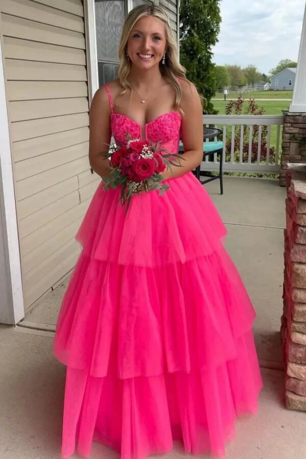 Tulle Layered Spaghetti Straps Long Prom Dresses, Evening Dress - VelvetHem