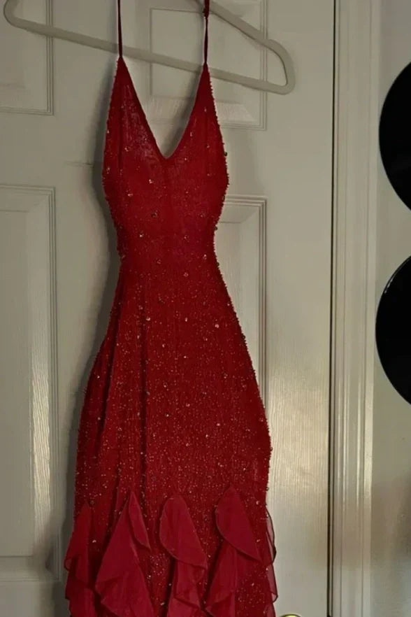 Hot Sheath Spaghetti Straps Red Long Prom Dress with Pearls Ruffles