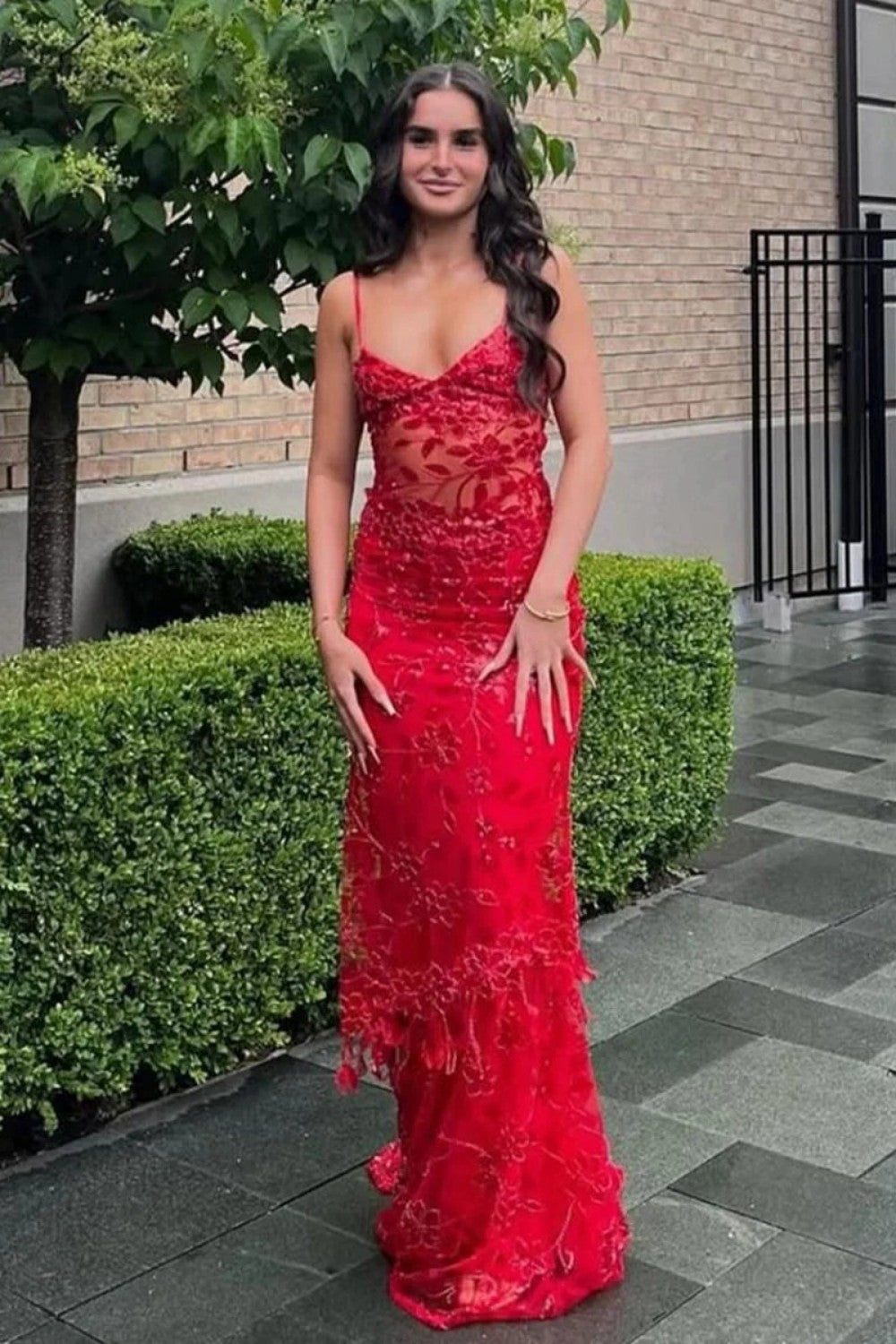 Gorgeous Mermaid Spaghetti Straps Orange Long Prom Dress with Appliques