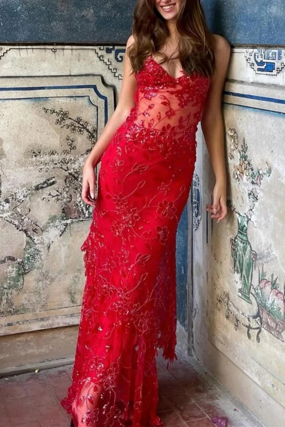 Gorgeous Mermaid Spaghetti Straps Orange Long Prom Dress with Appliques