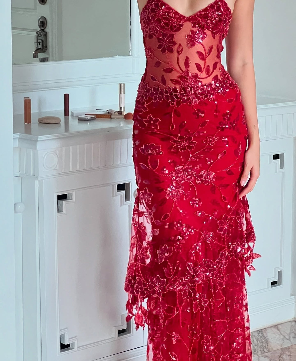 Gorgeous Mermaid Spaghetti Straps Orange Long Prom Dress with Appliques - View 14 | FashionDia