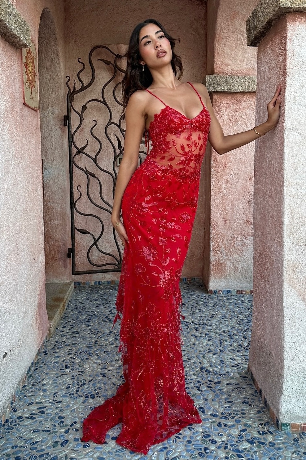 Gorgeous Mermaid Spaghetti Straps Orange Long Prom Dress with Appliques - View 10 | FashionDia