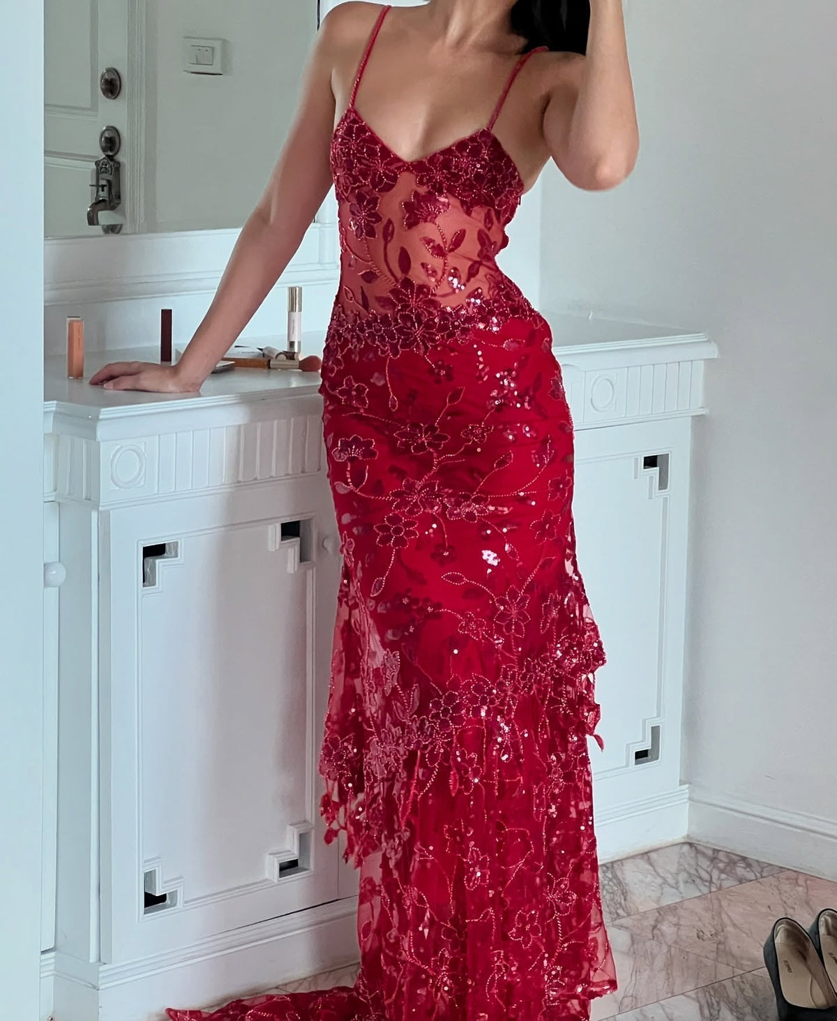 Gorgeous Mermaid Spaghetti Straps Orange Long Prom Dress with Appliques - View 13 | FashionDia