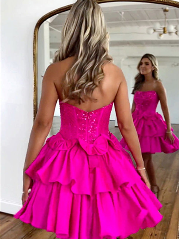 A-Line Strapless Short Satin Homecoming Dress With Beading
