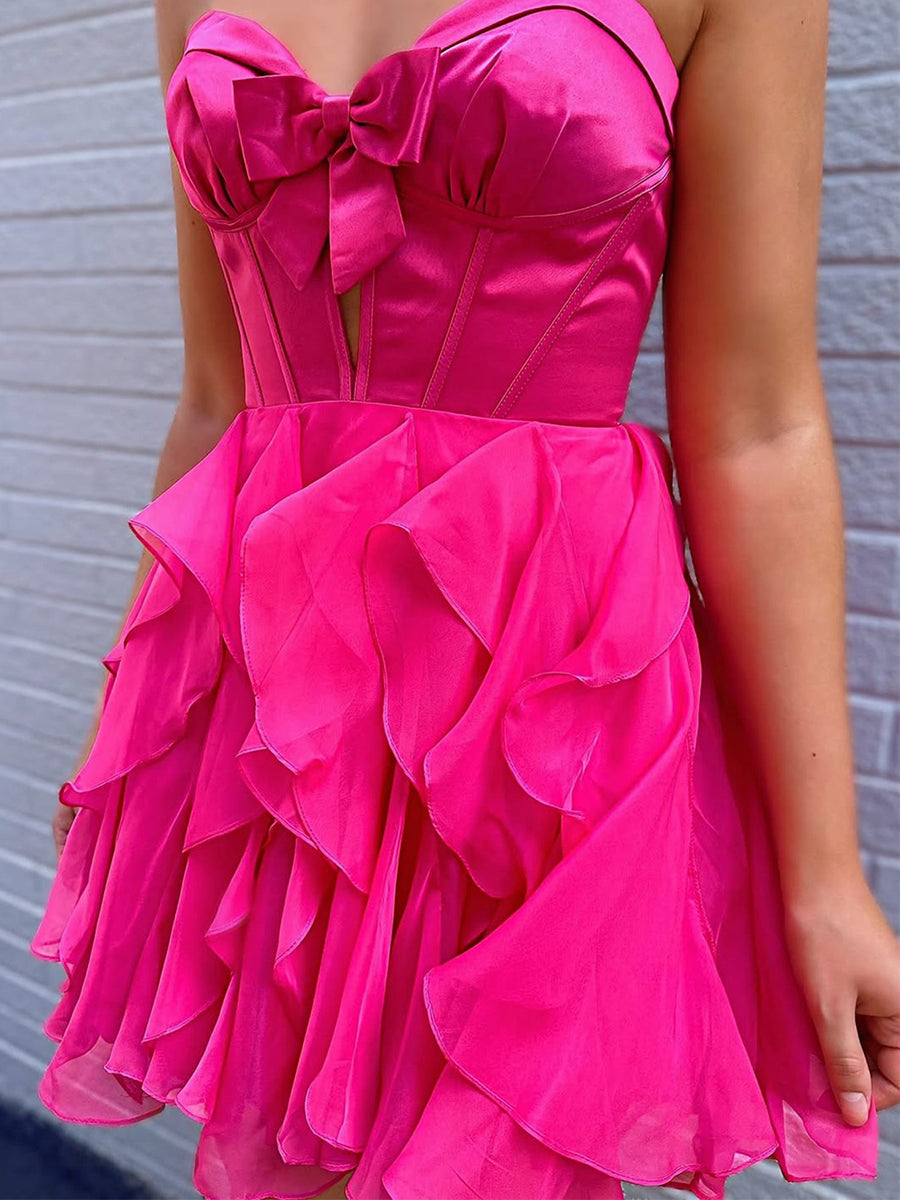 A Line Strapless Cut Front Homecoming Dress with Bow