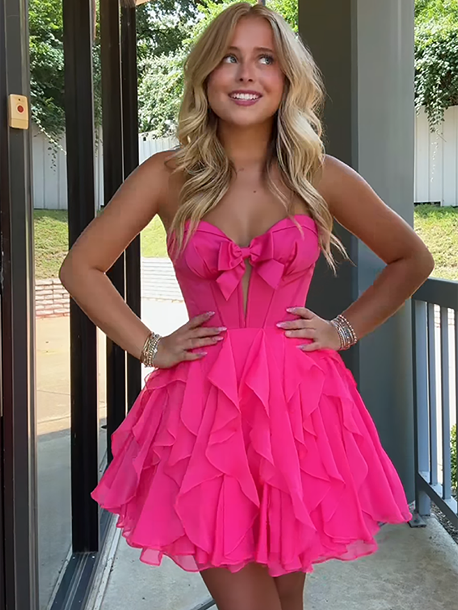 A-Line Strapless Cut Front Homecoming Dress with Bow - FashionDia