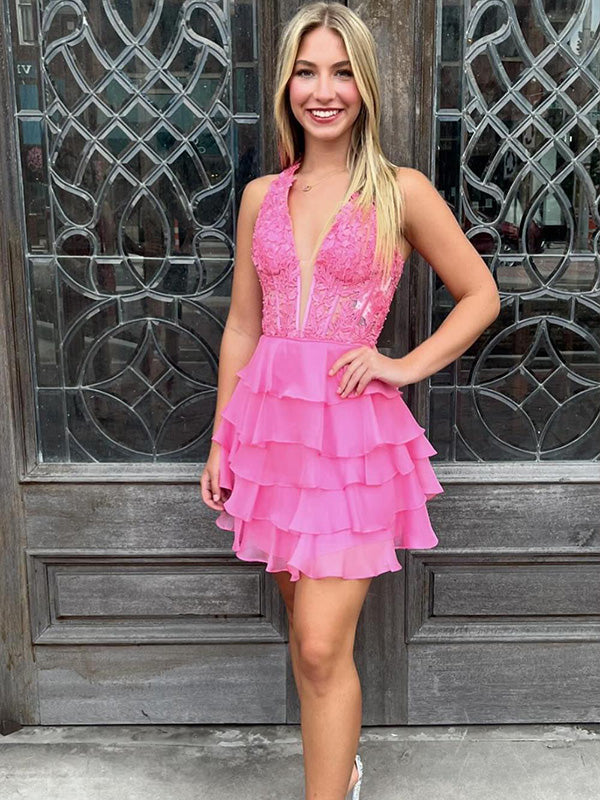 Halter Lace and Chiffon Ruffle Short Homecoming Dress - FashionDia