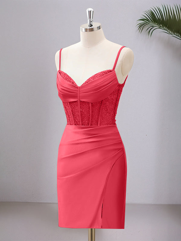 Spaghetti Straps Bodycon Corset Satin Homecoming Dress with Slit