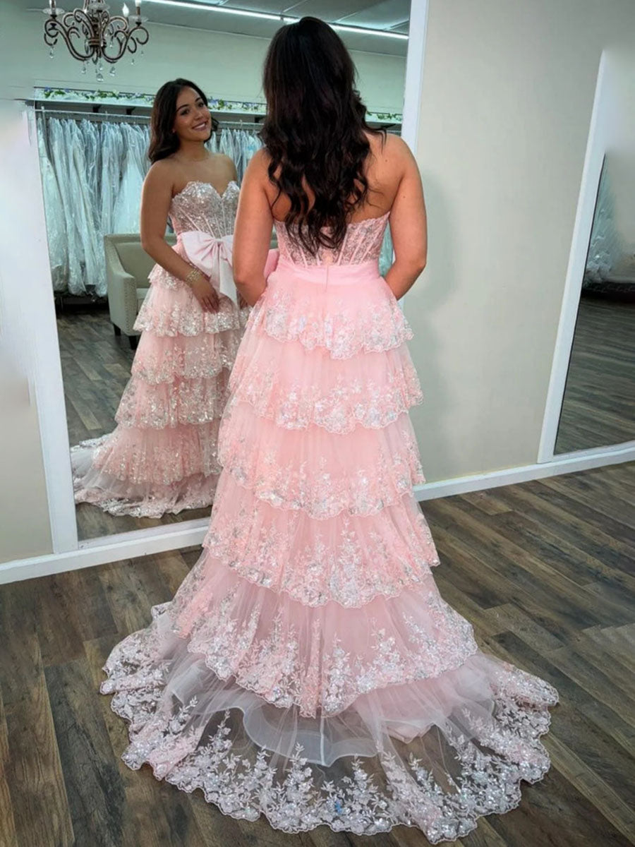 Hot Pink Tiered Sequin Ruffle Statement Bow Prom Dress with Slit