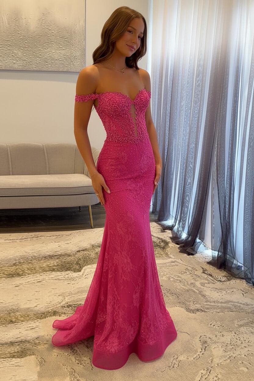 Navy Prom Dress Off The Shoulder Mermaid Long Lace Formal Dress