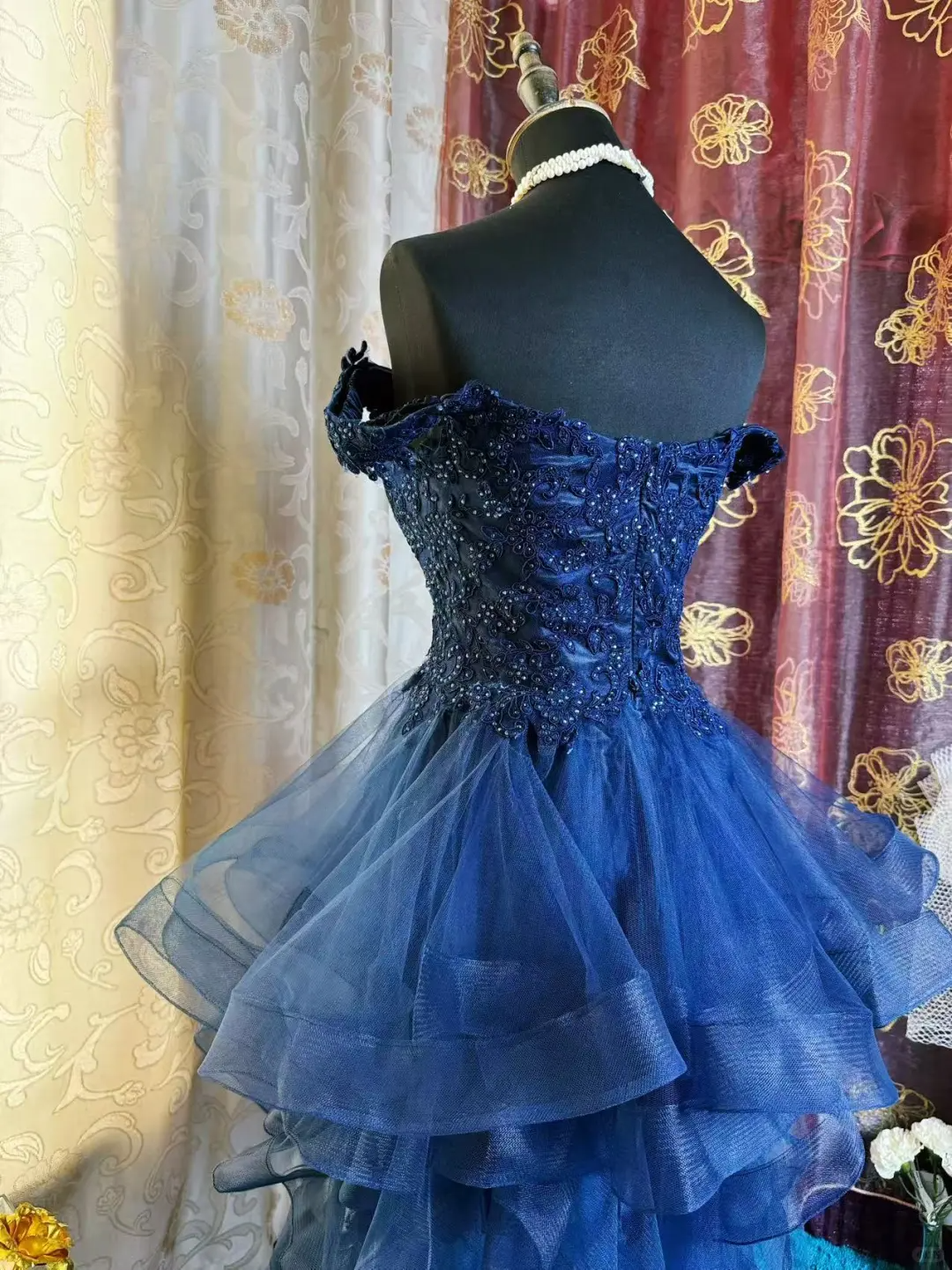 Vintage Navy Blue Tulle Appliques A-Line Short Homecoming Dress Off-the-Shoulder 19th Birthday Outfits - View 9 | FashionDia