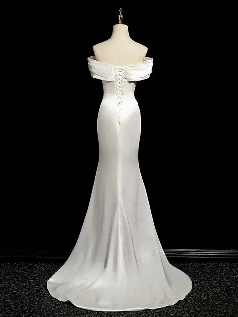 Simple Mermaid Off Shoulder Satin White Long Prom Evening Dress, Formal Wedding Dress (ZD13737)