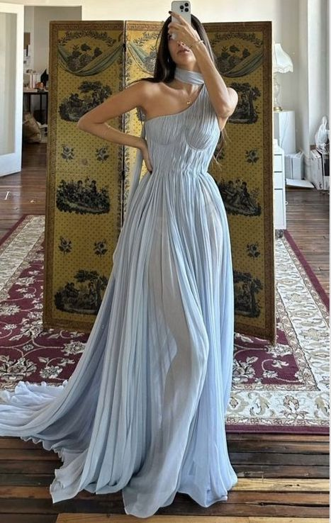 Charming Light Blue One Shoulder Pleated Long Party Prom Dress