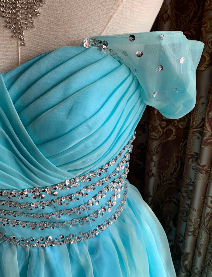 Cute Off The Shoulder Blue Tulle Beaded A Line Princess Party Dress Long Evening Gown