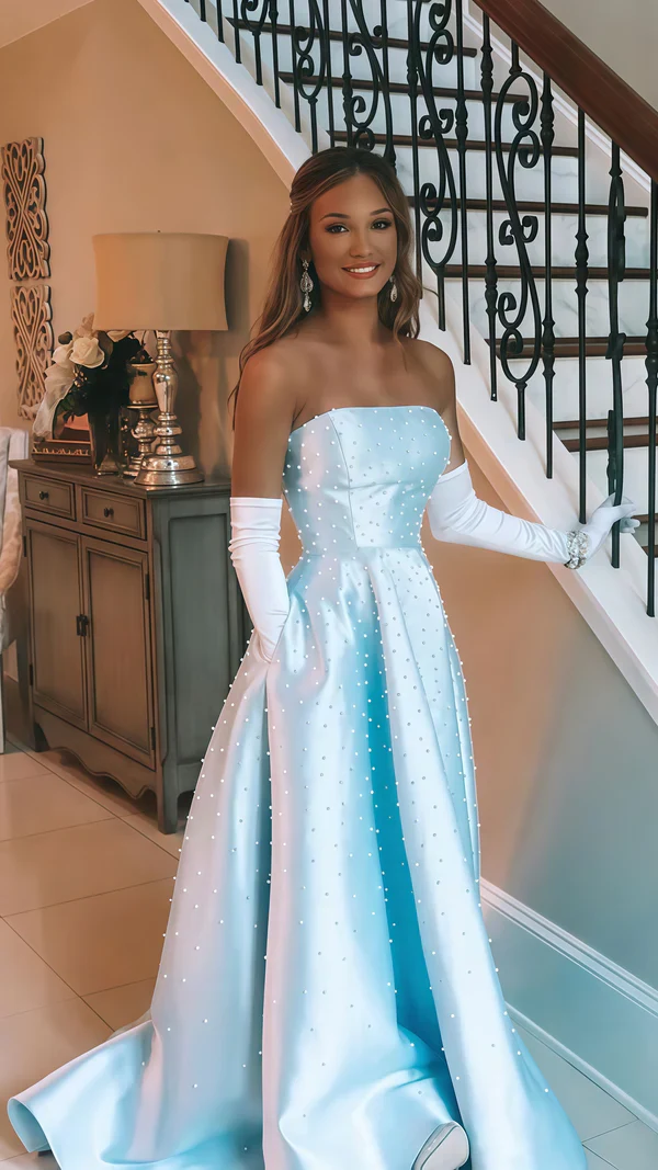 Elegant Blue Satin Pearls A Line Party Evening Dress,Long Prom Dress