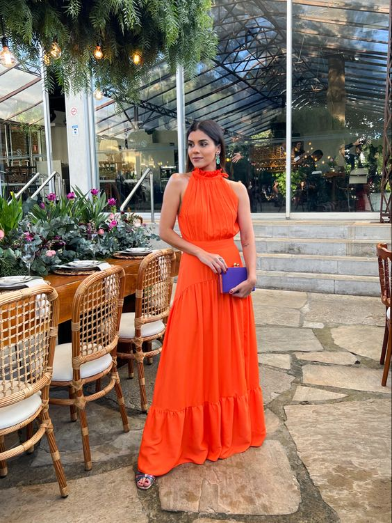 A-line Orange Prom Dress Summer Fashion Halter Pure Color Dress Elegant Style Ladies Swing Dress