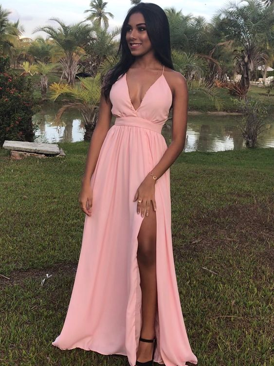 A Line V Neck Pink Chiffon Long Prom Dress, With High Slit V Neck Pink Formal Graduation Evening Dress