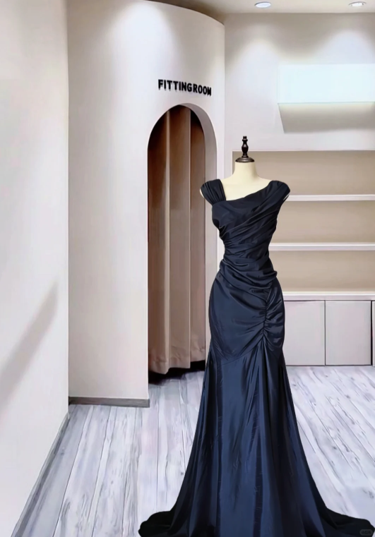 Classy Navy Blue Satin Pleated Mermaid Evening Dress Long Wedding Guest Dress - FashionDia