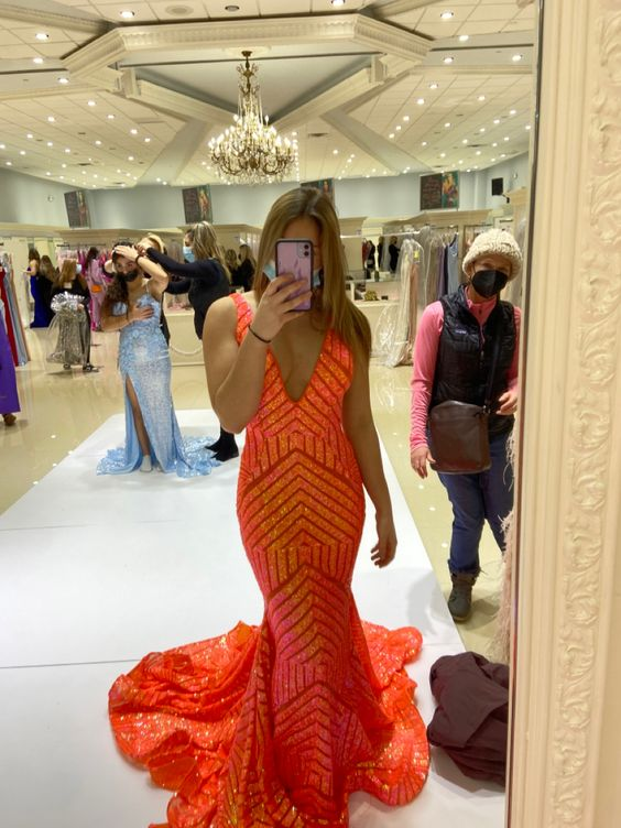 Deep Sequin Mermaid Orange V-neck Prom Dress