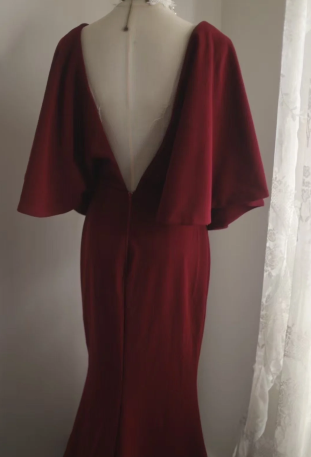 Vintage V-Neck Burgundy Satin Mermaid Evening Dress Backless Long Birthday Party Dress - View 7 | FashionDia