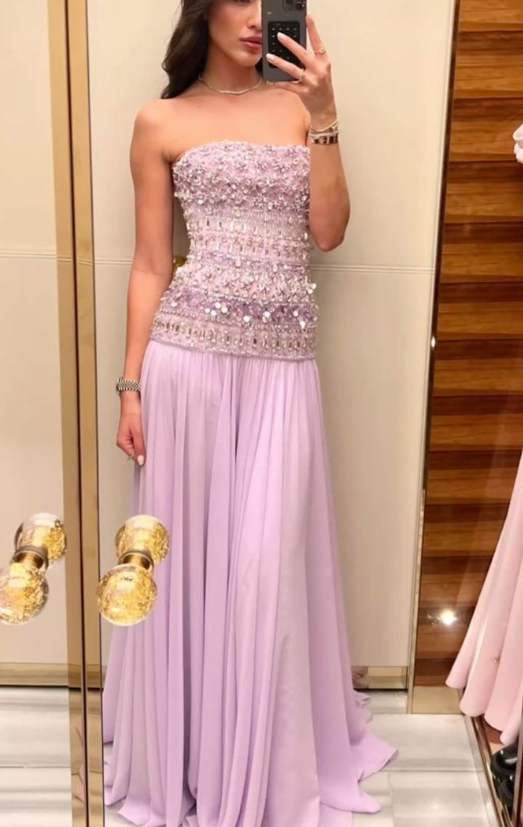Classy Strapless Lilac Chiffon Beaded Mermaid Long Party Dress Formal Wedding Guest Dress - View 4 | FashionDia