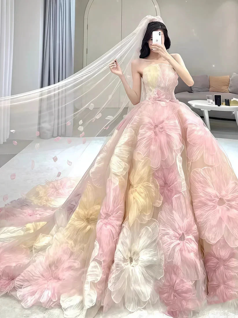 Dream Princess Floral Ball Gown, Strapless A-line Evening Prom Dress,Wedding Dress (ZD13743)