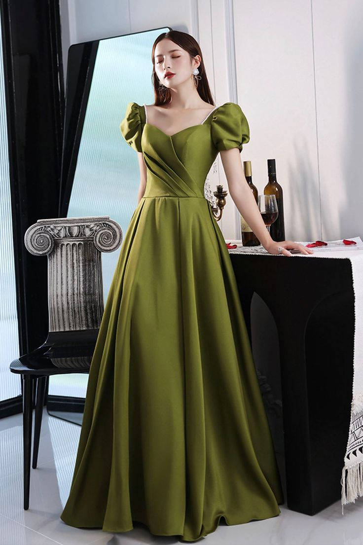 Green Satin Long Prom Dresses A-Line Evening Dresses Y7097 - VelvetHem