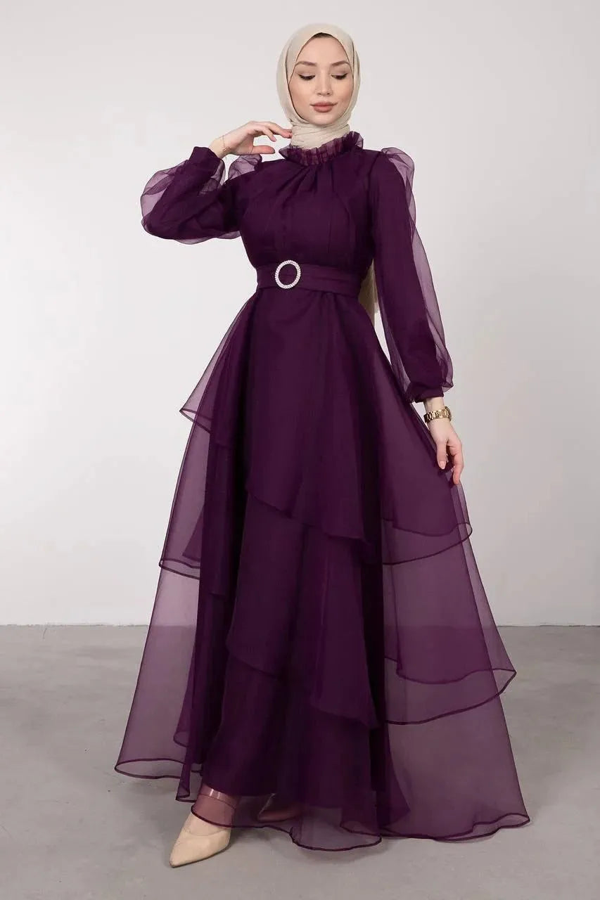 Organza Muslim Prom Dresses High Neck Long Sleeves Layered Women Party Gowns Ankle Length Formal Evening Dress Purple