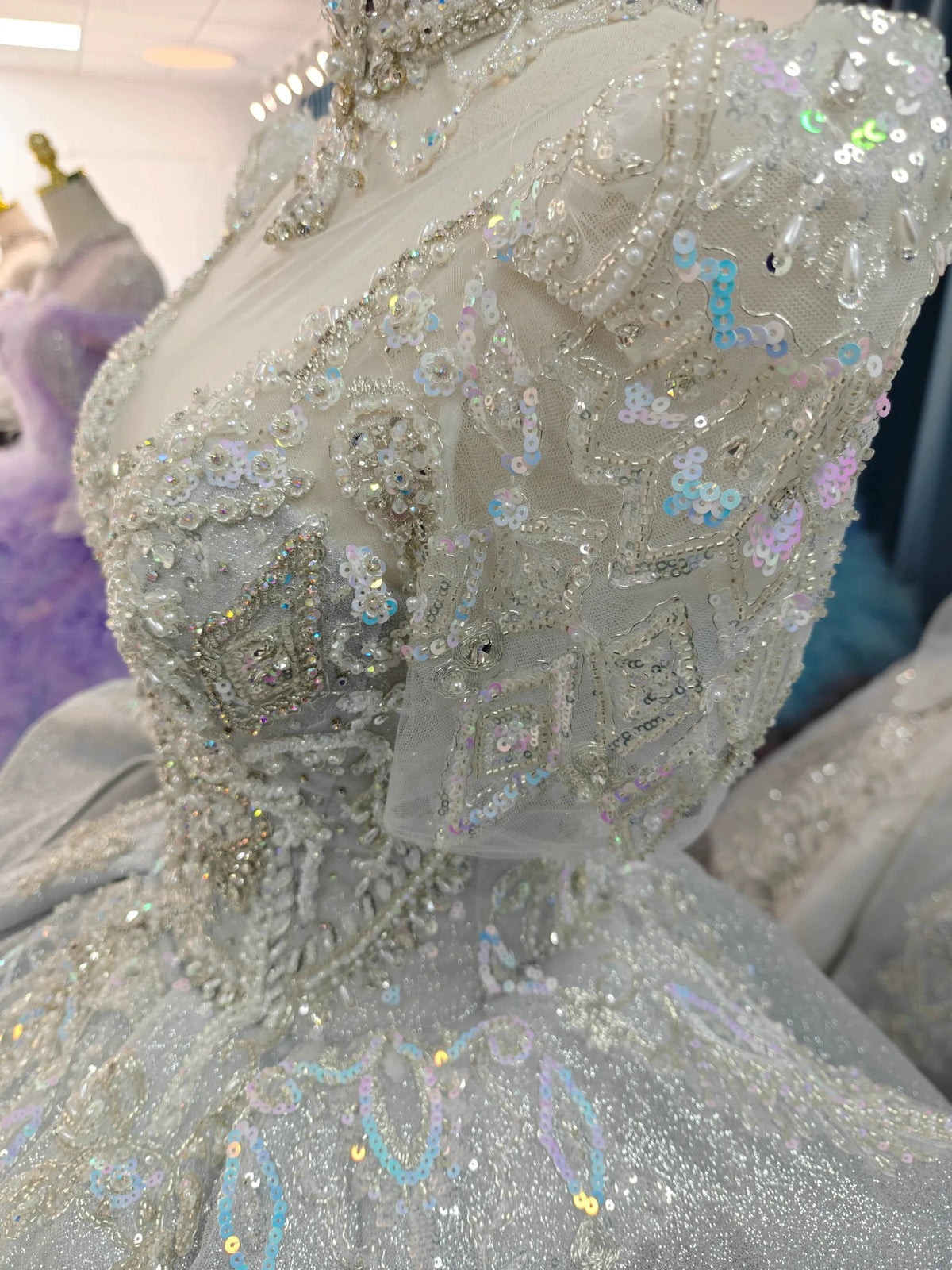 Silver Glitz Cap-Sleeve Ballgown Iridescent Beaded Bust & Sculptural Tiered Skirt (ZD16788)