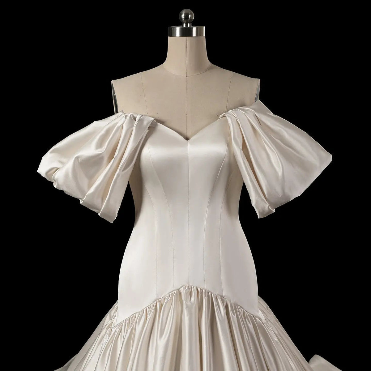Romantic White Satin Off-the-Shoulder Puff Sleeve Ball Gown Wedding Dress ZP113