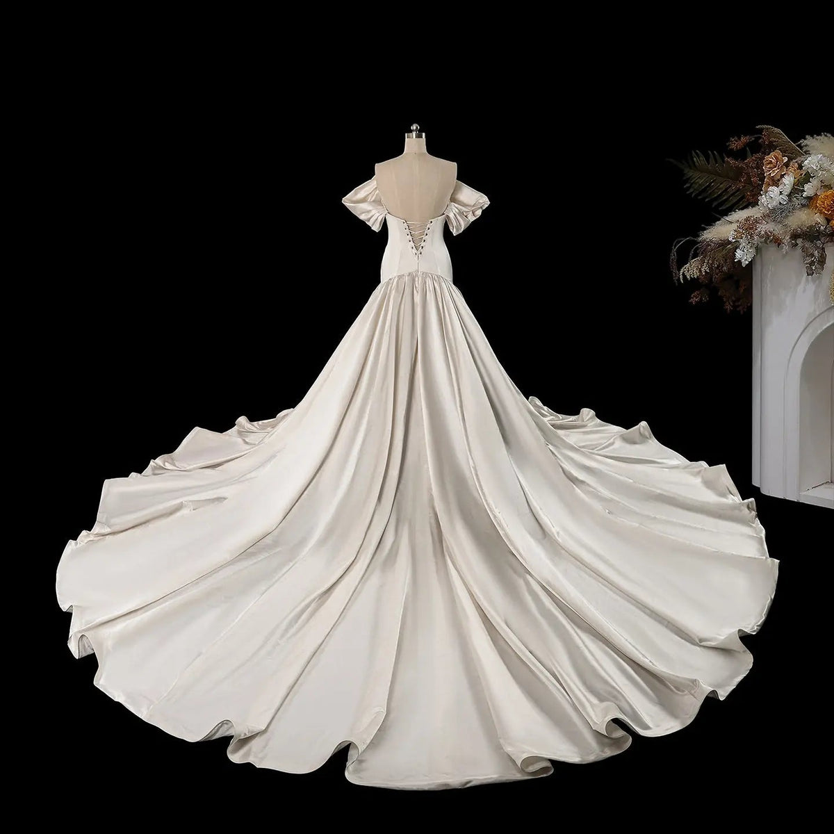 Romantic White Satin Off-the-Shoulder Puff Sleeve Ball Gown Wedding Dress ZP113 - View 12 | VelvetHem