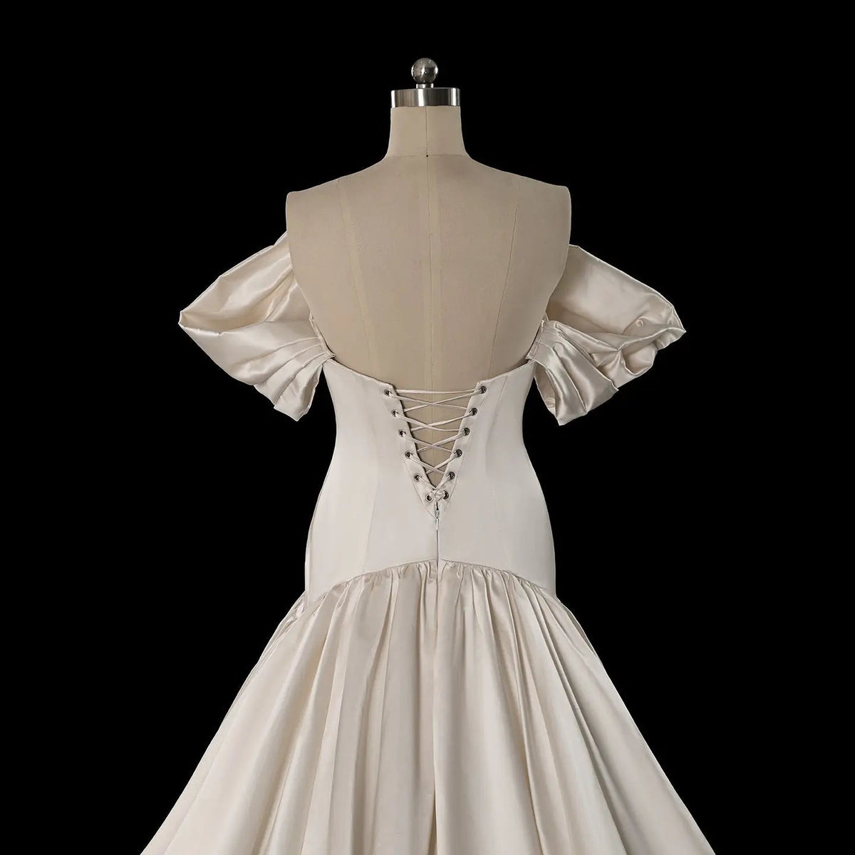 Romantic White Satin Off-the-Shoulder Puff Sleeve Ball Gown Wedding Dress ZP113