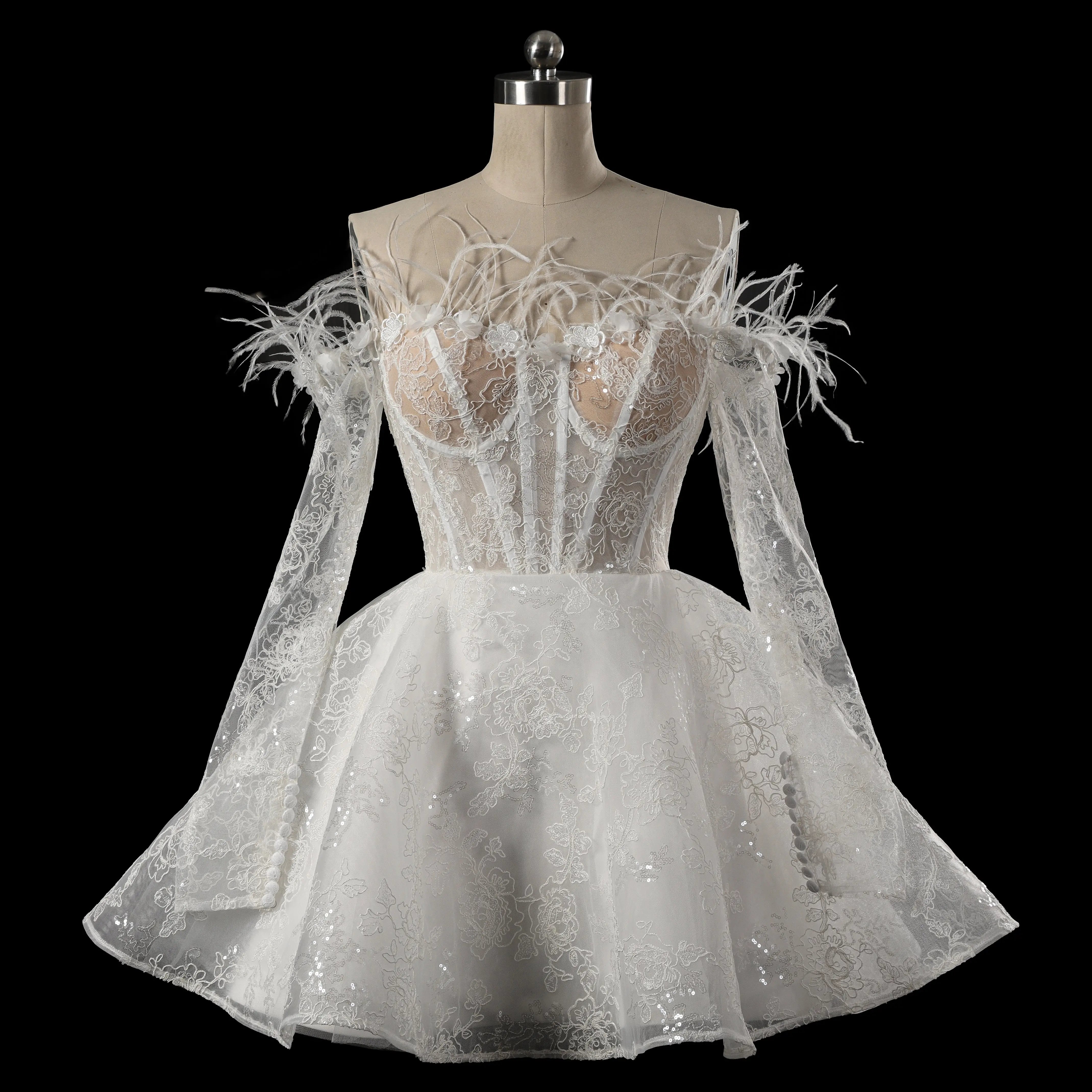 Elegant White Off-Shoulder Feather Lace Corset Mini Wedding Dress ZP061
