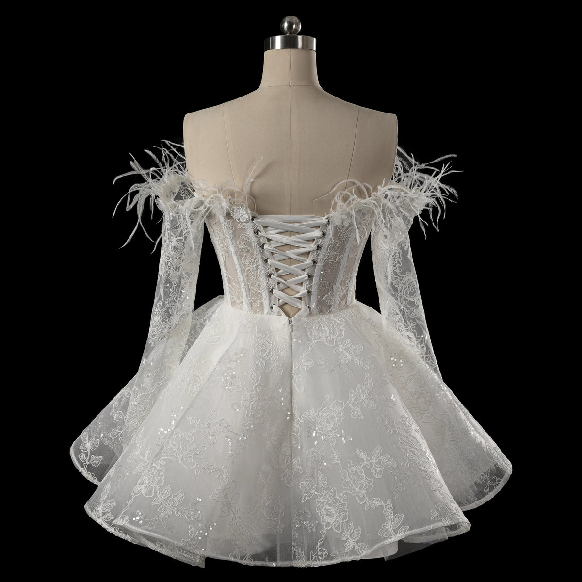 Elegant White Off-Shoulder Feather Lace Corset Mini Wedding Dress ZP061