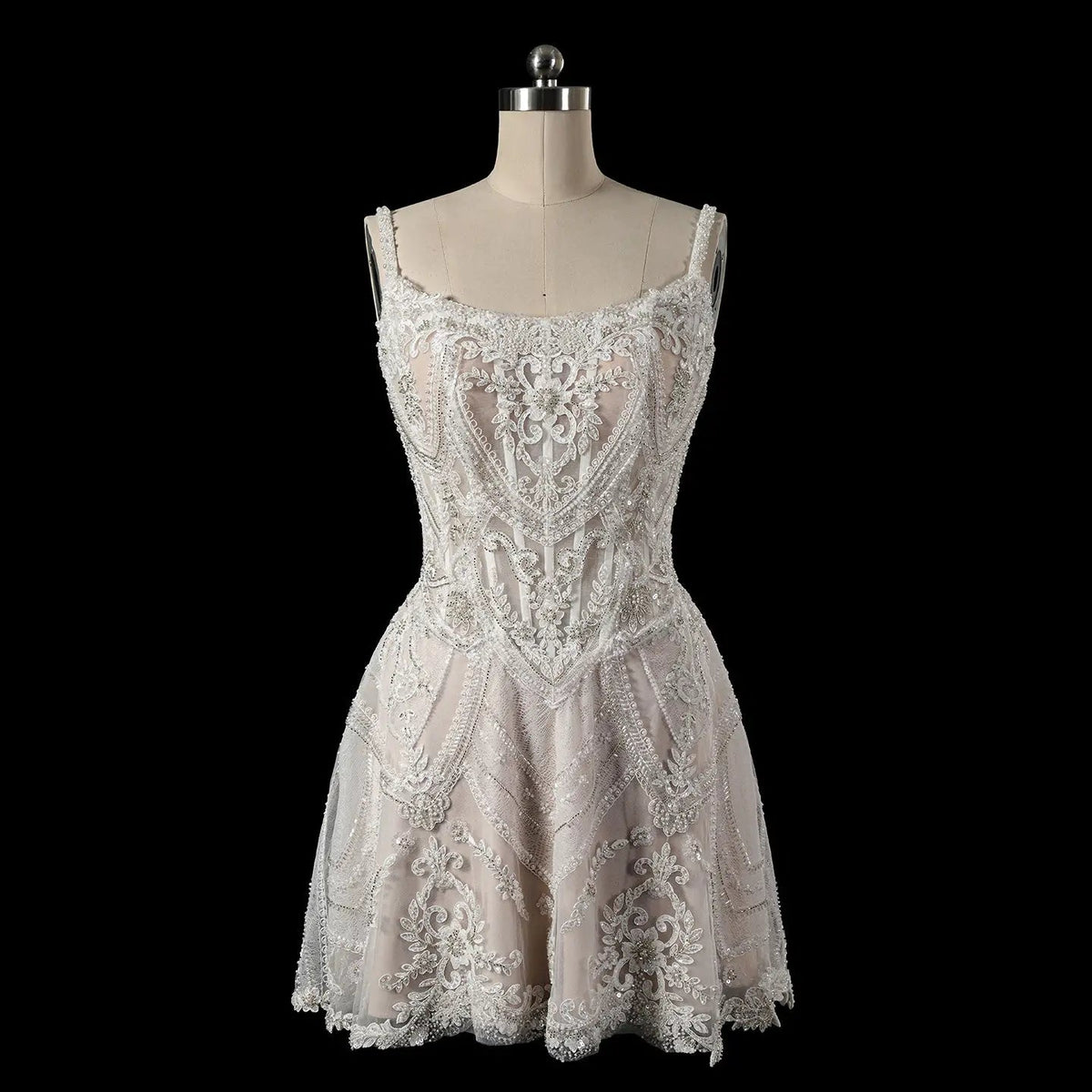 Luxury Ivory Beaded Lace Short Wedding Dress with Lace-Up Corset Back ZP059