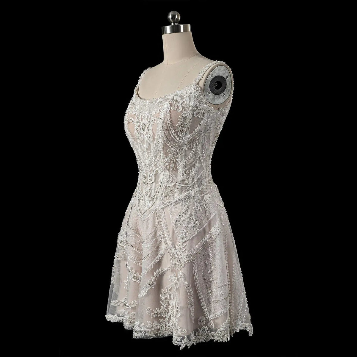 Luxury Ivory Beaded Lace Short Wedding Dress with Lace-Up Corset Back ZP059