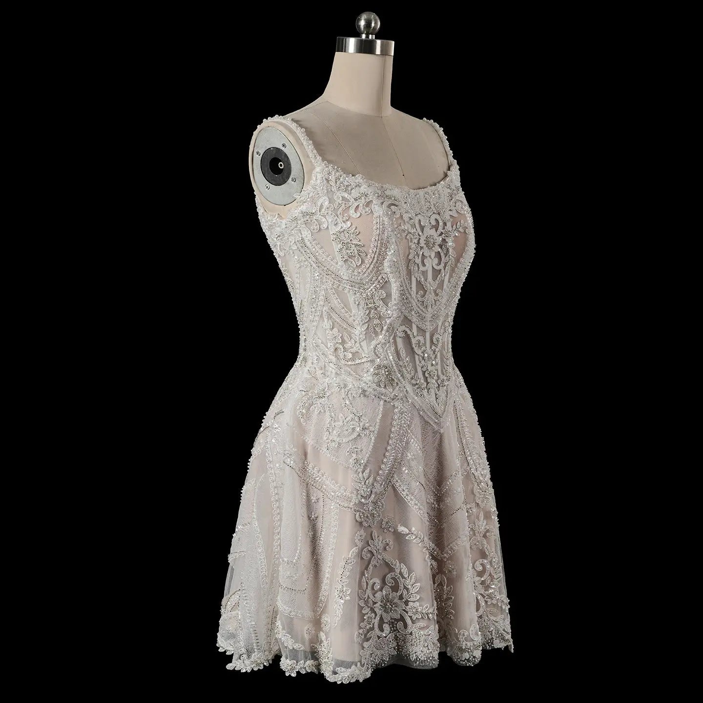 Luxury Ivory Beaded Lace Short Wedding Dress with Lace-Up Corset Back ZP059