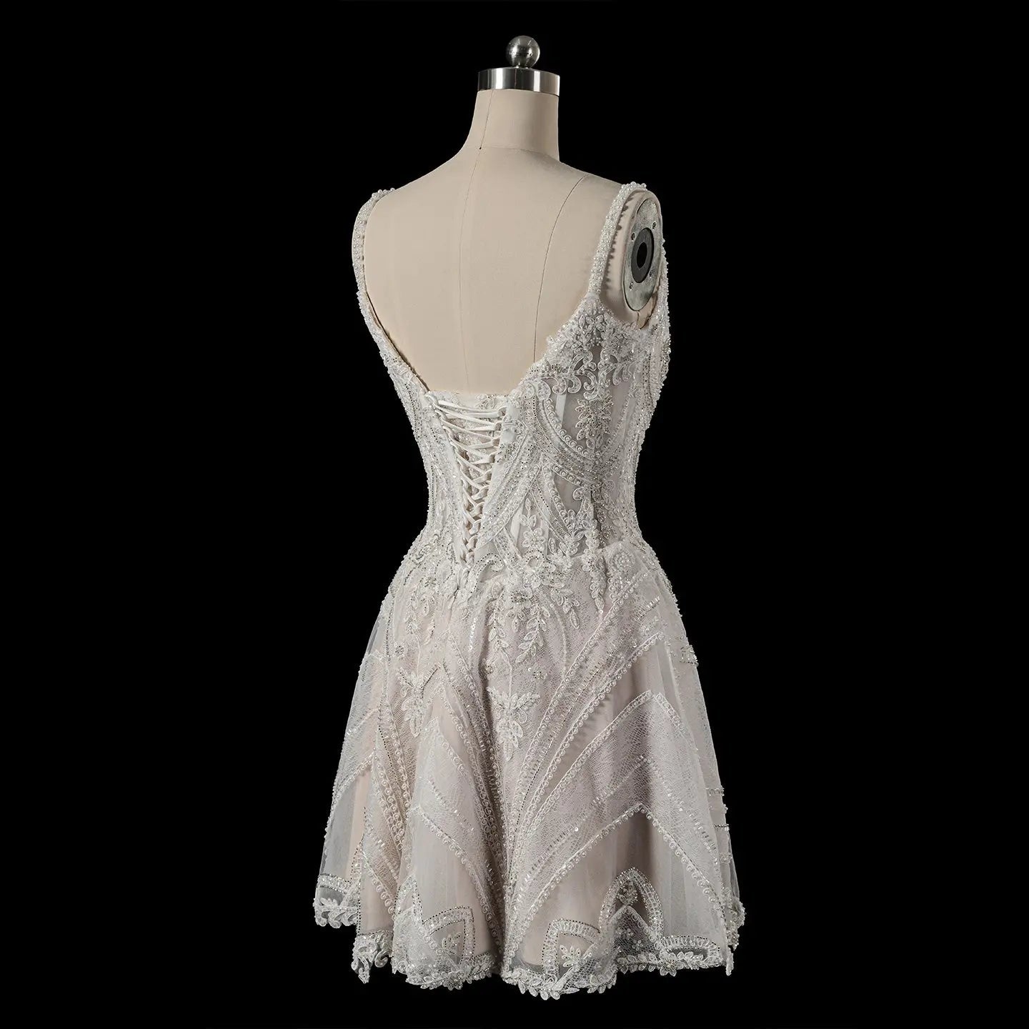 Luxury Ivory Beaded Lace Short Wedding Dress with Lace-Up Corset Back ZP059